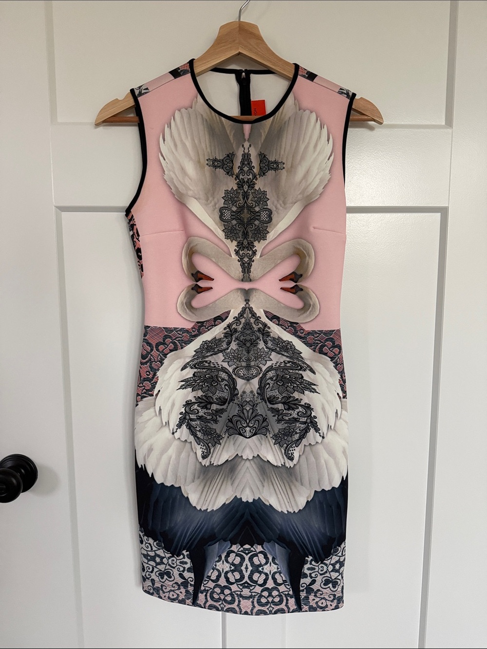 Clover Canyon Neoprene Pink & Black Graphic Swan-Print Mini Dress (vintage)